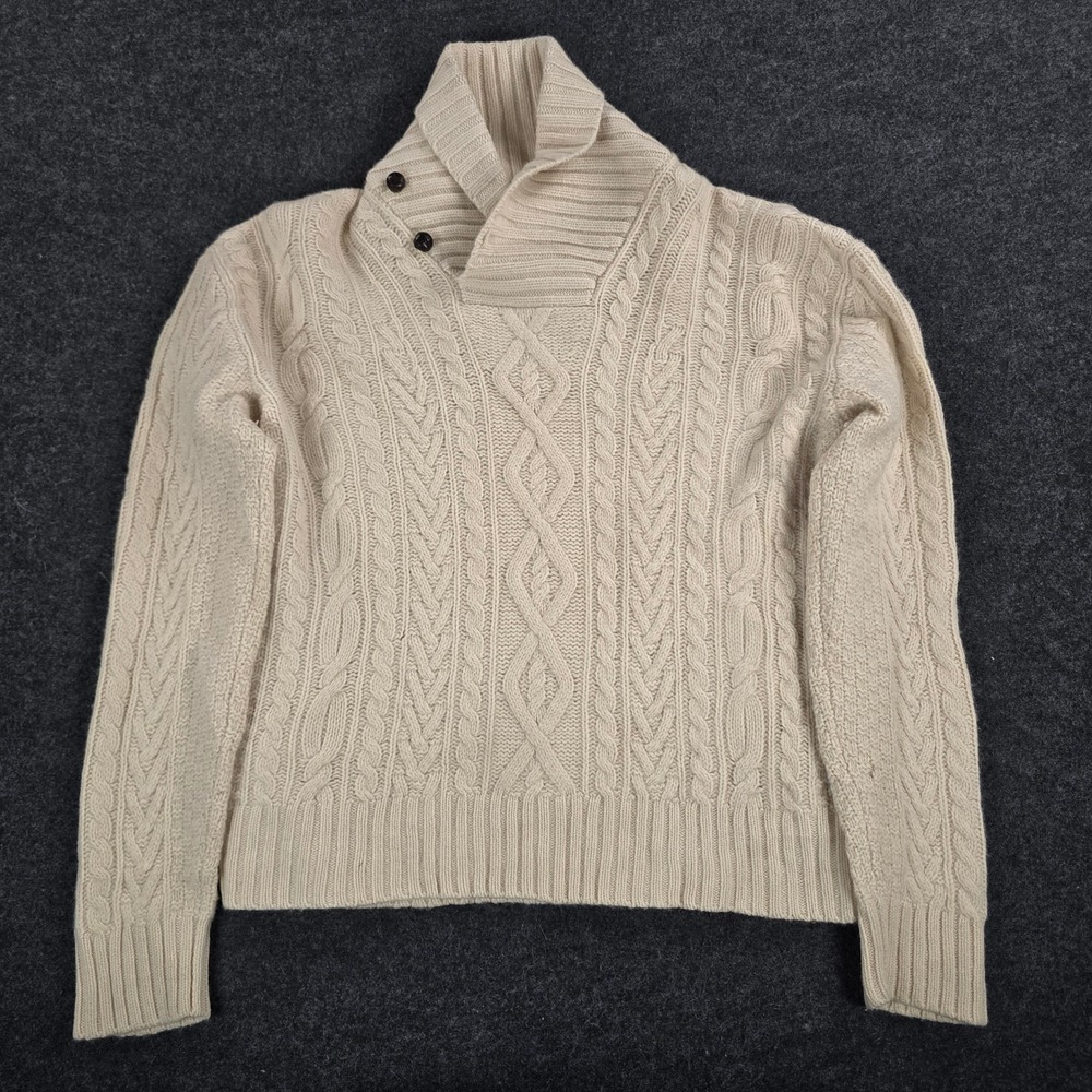 Polo Ralph Lauren Cream Lambswool Cable Knit Shawl Neck Sweater Fisherman Mens M